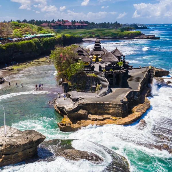 Tanah Lot offers a stunning view of the surrounding ocean