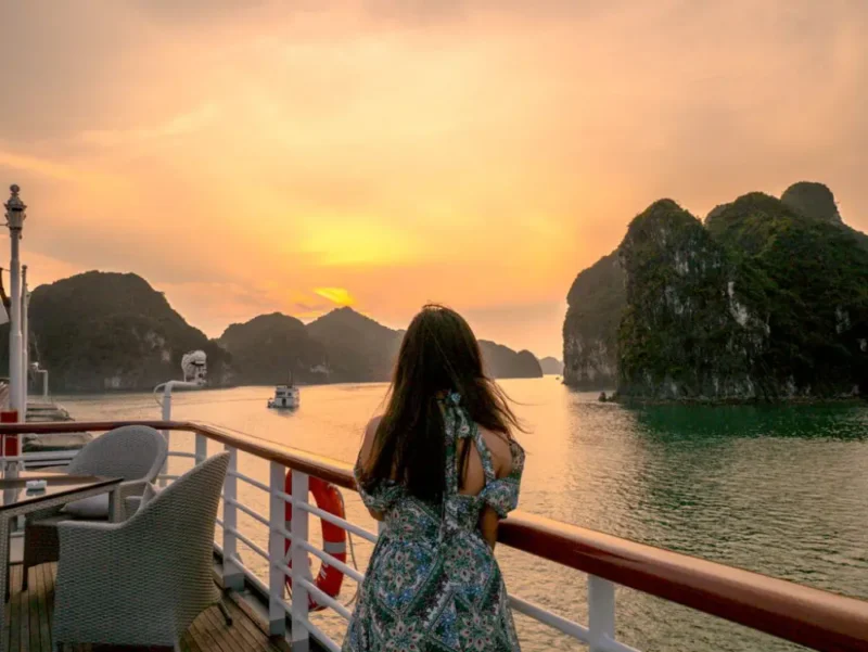 HaLong Bay sunset view from the deck is truly unforgettable.