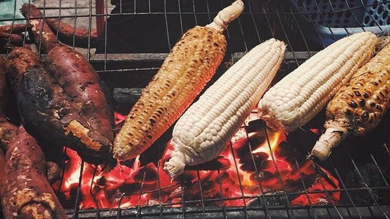 Perfectly roasted sweet potatoes and buttery grilled corns